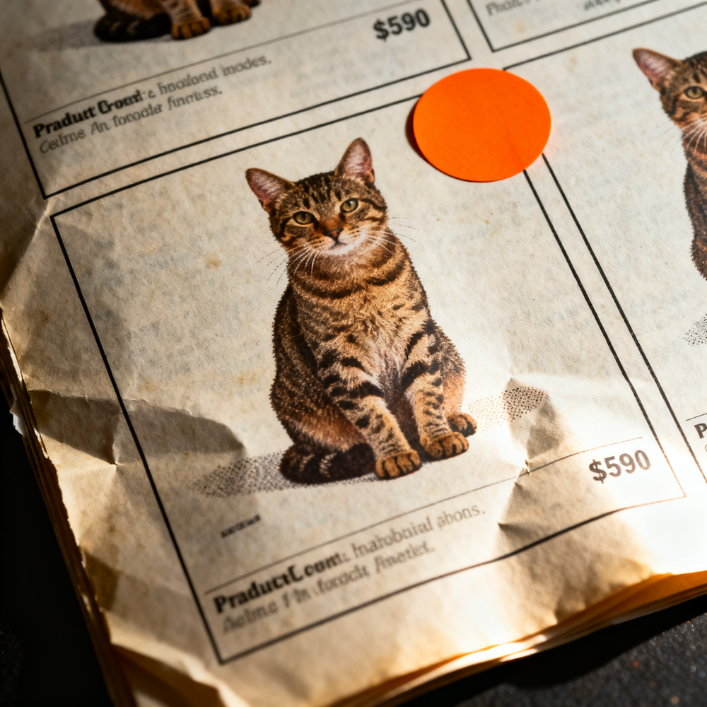 Lot 000, a tabby house cat sitting in an open mail order catalogue page, a blank orange price sticker in the corner